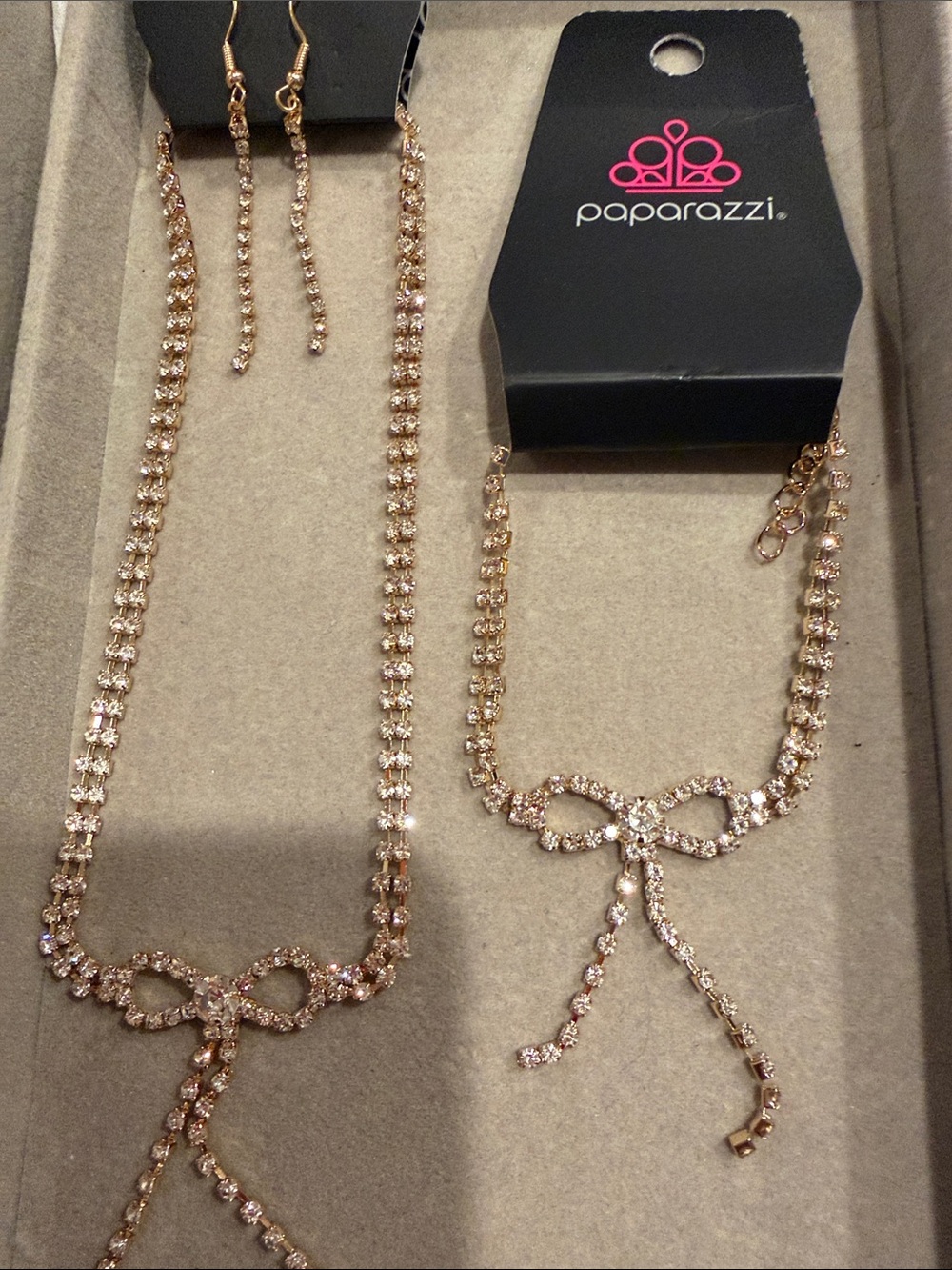 paparazzi Rose Gold Crystal Bow Necklace and Dangle Earrings Set